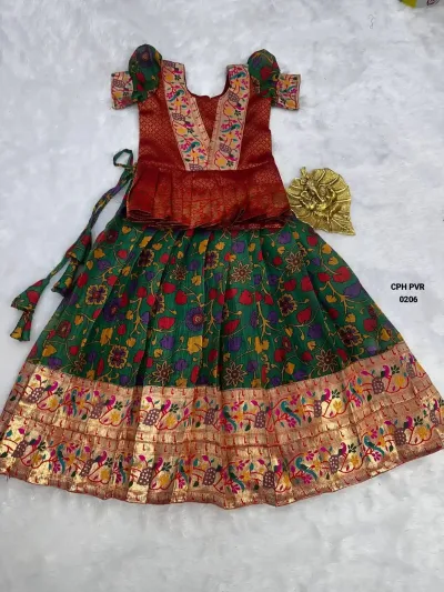 Maroon and Green Kids Lichi Silk Lehenga Choli